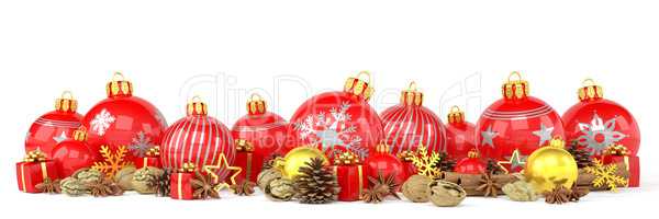 3d render - red christmas baubles over white background