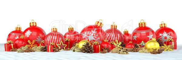 3d render - red and golden christmas baubles over white backgrou