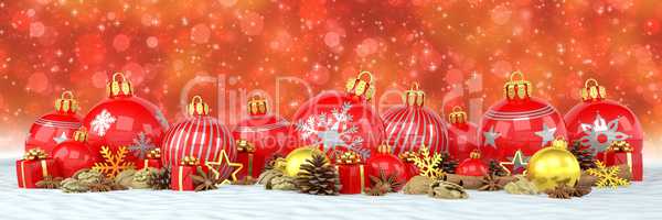 3d render - red christmas baubles over red bokeh background