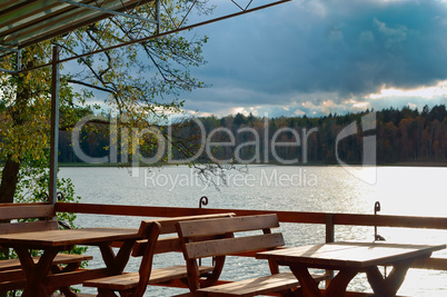 summer cafe in the woods at the lake, summer dining outside the city