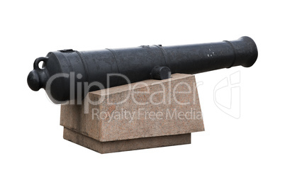old black cast iron cannon on marble pedestal