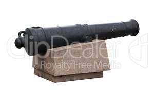 old black cast iron cannon on marble pedestal