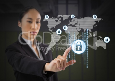 Businesswoman touching security lock icons connecting on map