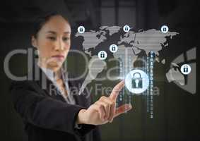 Businesswoman touching security lock icons connecting on map