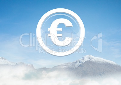 Euro glass circle icon over snow mountain
