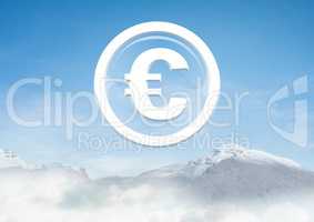 Euro glass circle icon over snow mountain