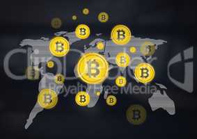 Bitcoin graphic icons on world map