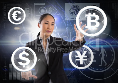Businesswoman touching bitcoin graphic icon with international money currencies