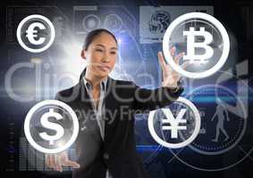 Businesswoman touching bitcoin graphic icon with international money currencies