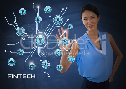 Businesswoman touching Fintech with various business icons interface