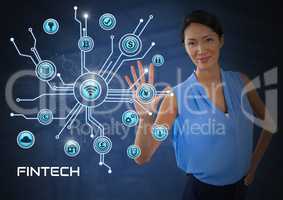 Businesswoman touching Fintech with various business icons interface