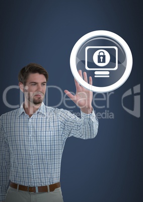 Businessman touching security lock icon with computer