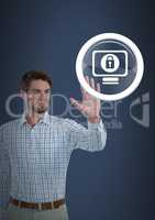 Businessman touching security lock icon with computer