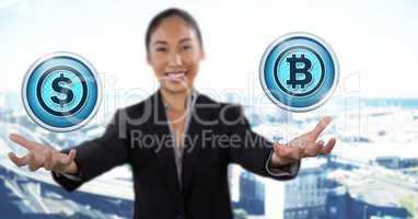 Dollar and bitcoin icons and Businesswoman with hands palm open in city