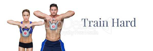 Train hard and fitness couple lifting kettlebell weights