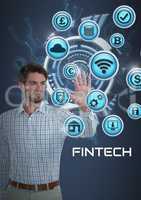 Businessman touching Fintech with various busincons