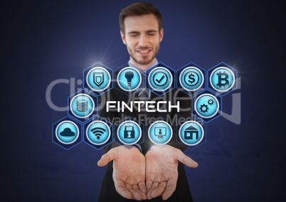 Businessman with hands palm open and Fintech with various business icons