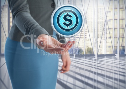 Dollar money icon and Businesswoman with hand palm open in city office