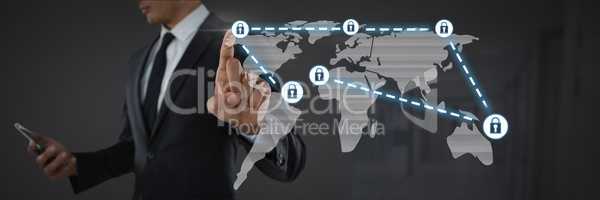 Businessman touching security lock icons connecting on map