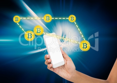 Bitcoin network icons and hand holding phone