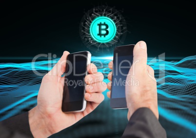 Hands holding phones with bitcoin icons