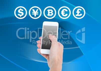 Currency icons and hand holding phone