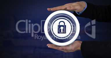 Businessman with hands palm open and security lock icon