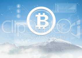 Bitcoin glass circle icon and snow mountain interface