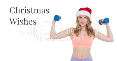 Christmas wishes text and fitness woman lifting weights