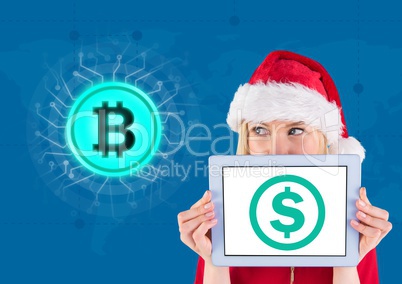 Bitcoin icon and dollar icon with female santa holding tablet