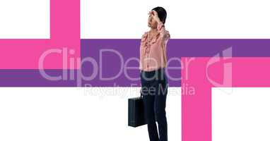 Businesswoman holding briefcase with minimal shapes