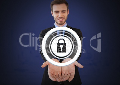 Businessman with hands palm open security lock icon