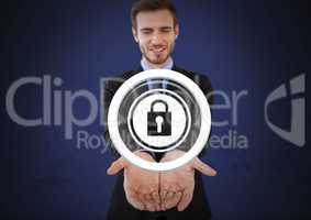 Businessman with hands palm open security lock icon