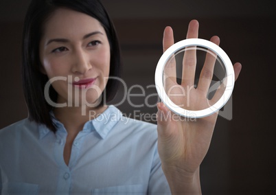 Businesswoman holding glass circle graphic icon