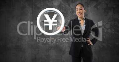 Businesswoman touching yen icon graphic