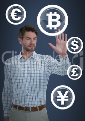 Businessman touching bitcoin graphic icon with international money currencies