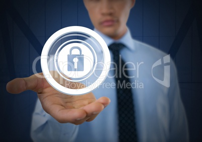 Businessman with hands palm open and security lock icon