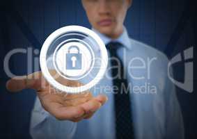 Businessman with hands palm open and security lock icon