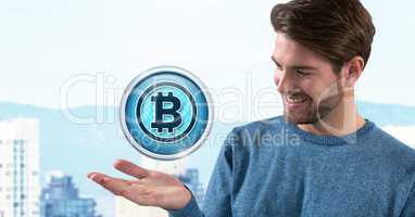 Bitcoin icon and Businessman with hand palm open in city