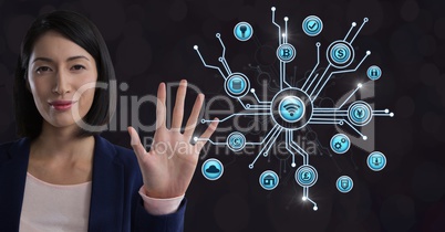 Businesswoman touching various business icons interface