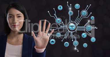 Businesswoman touching various business icons interface