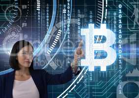 Businesswoman touching bitcoin graphic icon
