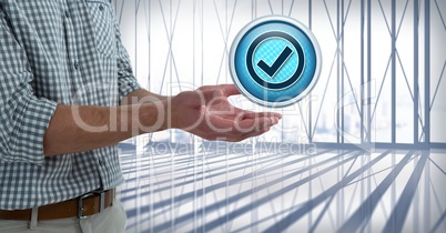 Correct tick mark icon and Businessman with hands palm open in city office