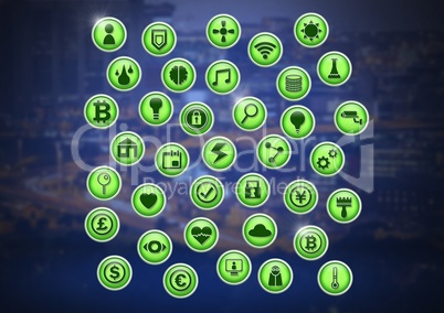 Various app icons in city at night