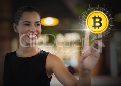 Businesswoman touching bitcoin graphic icon