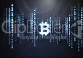 Bitcoin icon and binary code lines