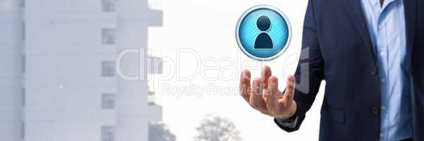 Profile contact and Businessman with hand palm open in city
