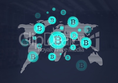 bitcoin graphic icons on world map