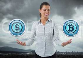 Dollar and bitcoin icons and Businesswoman with hands palm open in city landscape and sky