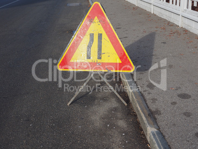 road narrows sign with copy space